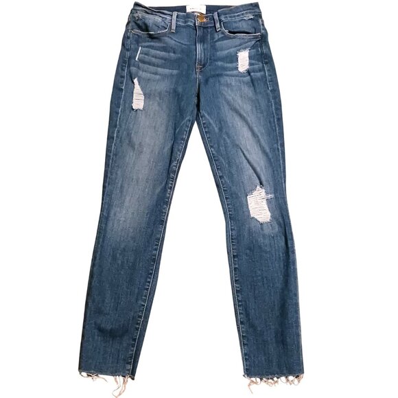 FRAME Le High Skinny Crop Distressed Jeans Womens Size 27‎ Blue Denim W/ Raw Hem - Picture 1 of 10